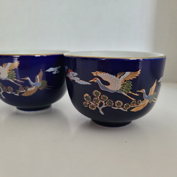 Vintage Japanese Porcelain Cobalt Blue Yunomi Sencha Tea Cups Flying Crane 4pcs - Picture 4 of 11
